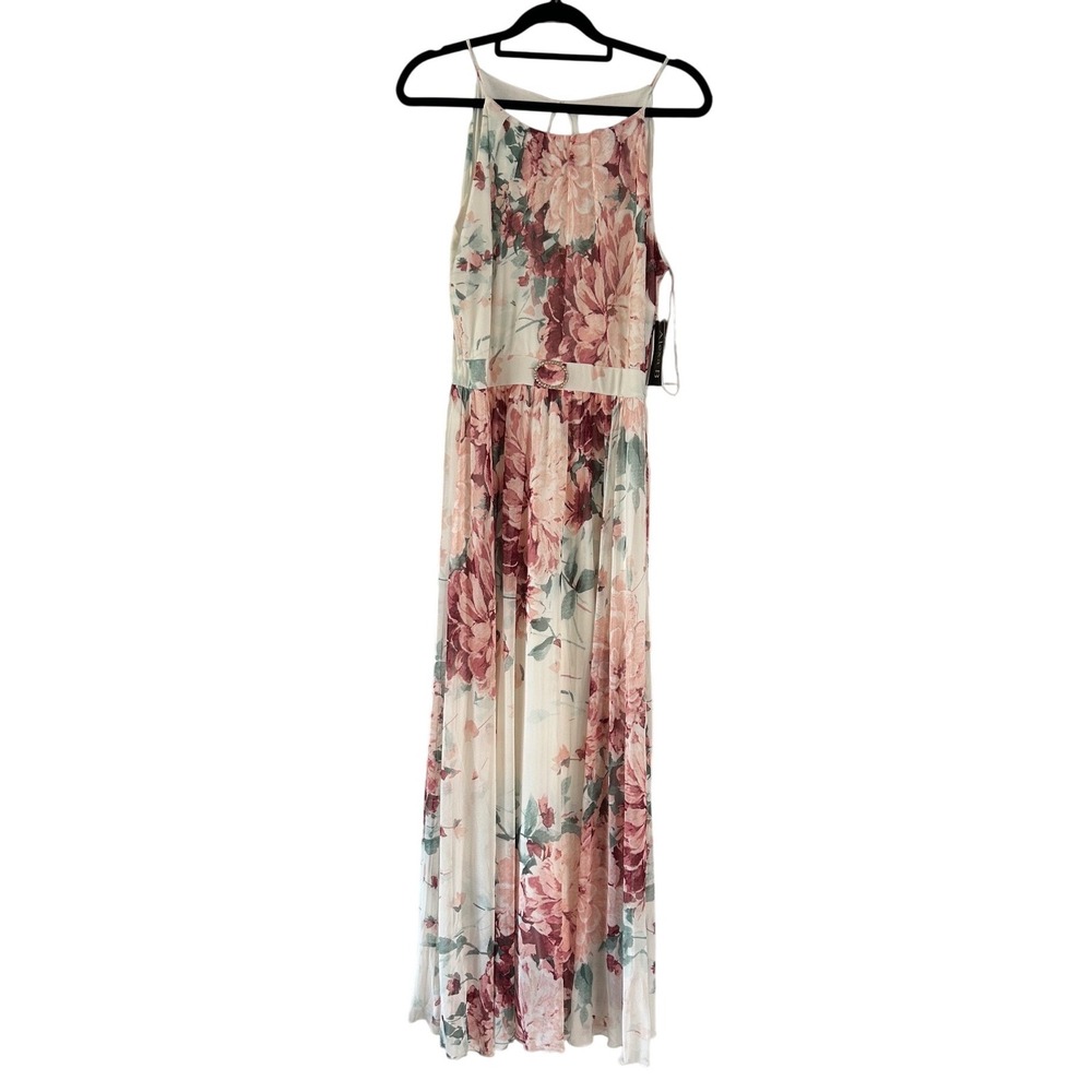 Alexa B Nites Floral Mesh Maxi Dress Pink Rhinestone Buckle 10P Petite NEW